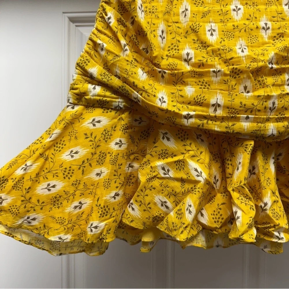 Veronica Beard Taras Skirt Ruched Botanical Ikat Floral Mini Skirt in Yellow